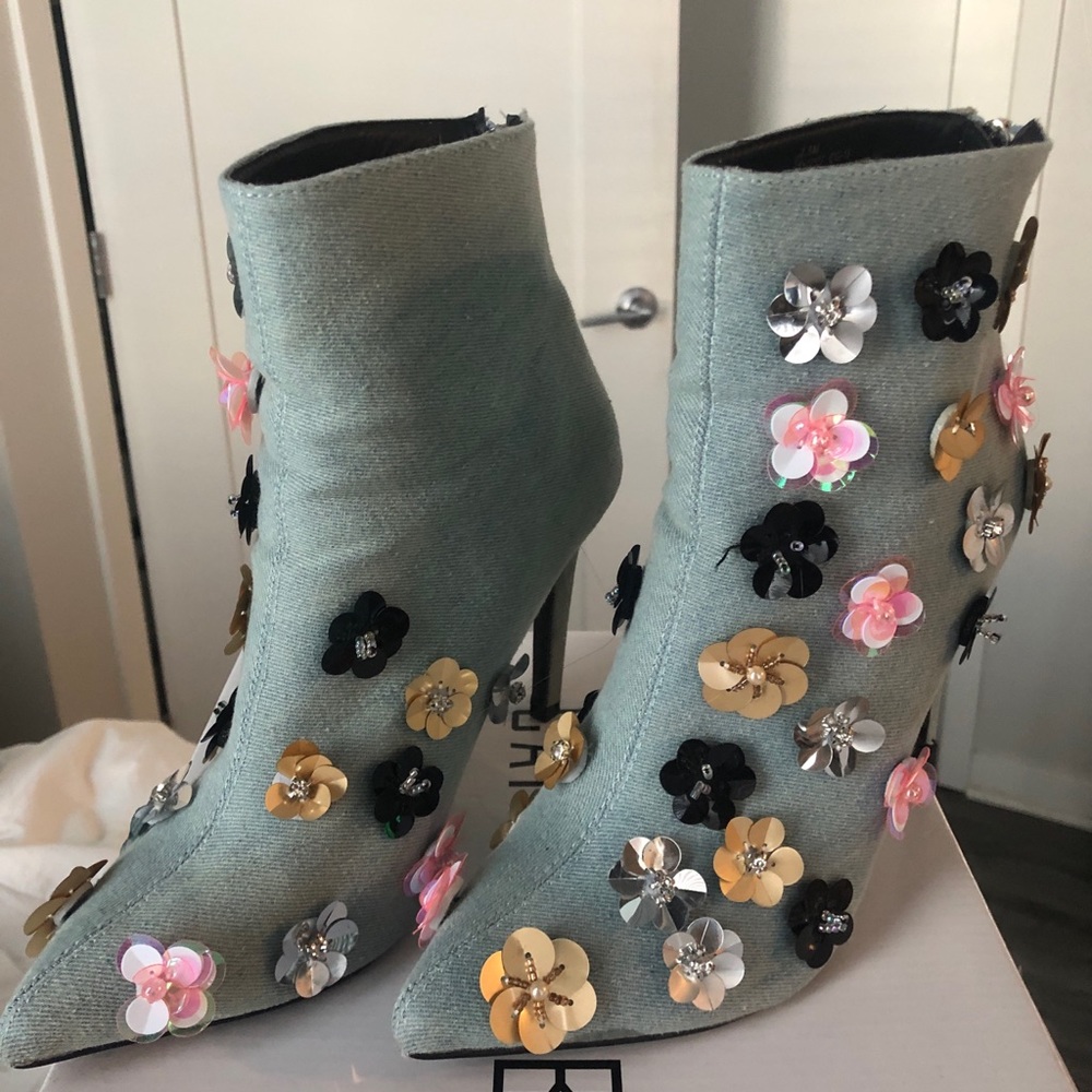 Cape Robbin denim booties with flower appliqué